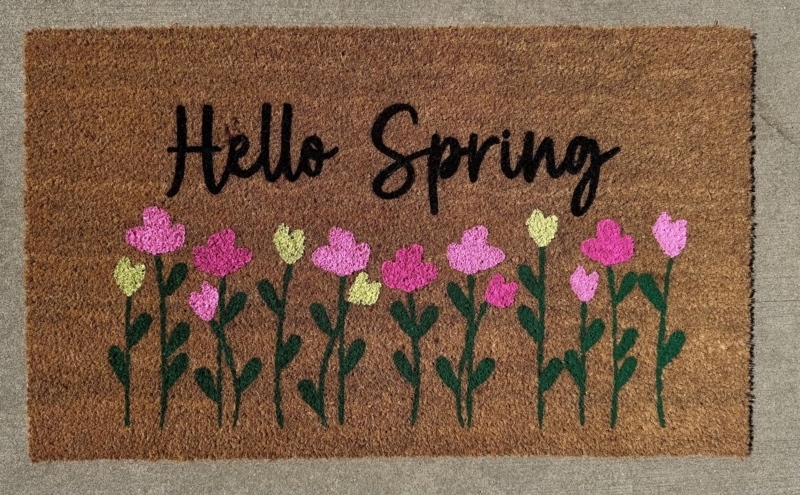Doormat Hello Spring Script With Multi Color Flowers And Natural Coir Base