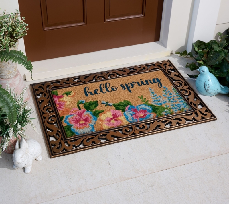Doormat Hello Spring Text Pansy Motif Scrollwork Base (55)