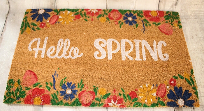 Doormat Hello SPRING Text With Colorful Floral Border And Coir Texture