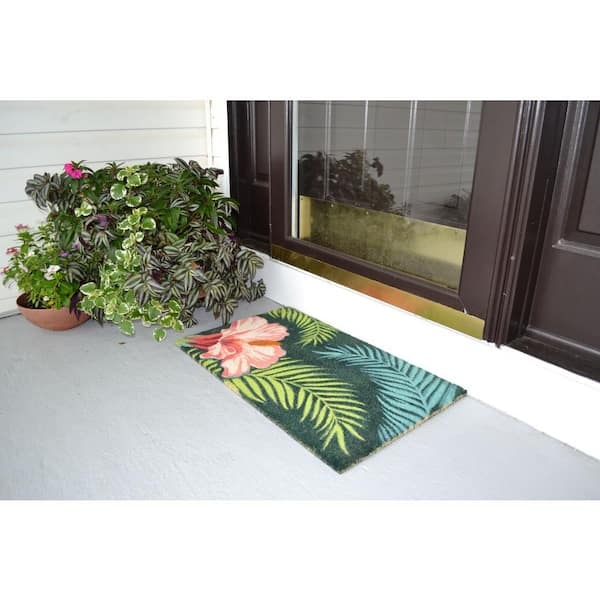 Doormat Hibiscus Focal Point Dark Green Base Coir Mat With Hibiscus Design