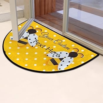 Doormat in Semi-Circular Shape with Polka Dots and Whimsical Bee Motif