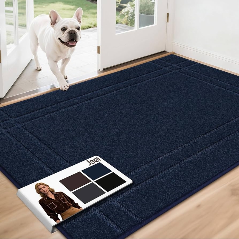 Doormat, Large Scale Navy Blue, Bordered Design, Washable, Pet Friendly.
