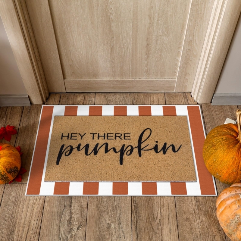 Doormat, Layered Design, Pumpkin Theme, Striped Pattern, Coir-Like
