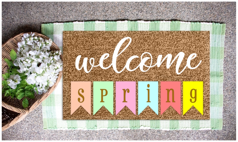 Doormat Layered Porch Rug, Checkered Base with Colorful Spring Graphics