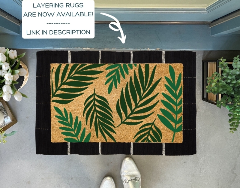 Doormat Layered Rug Styling Black White Stripes Tropical Leaf Motif