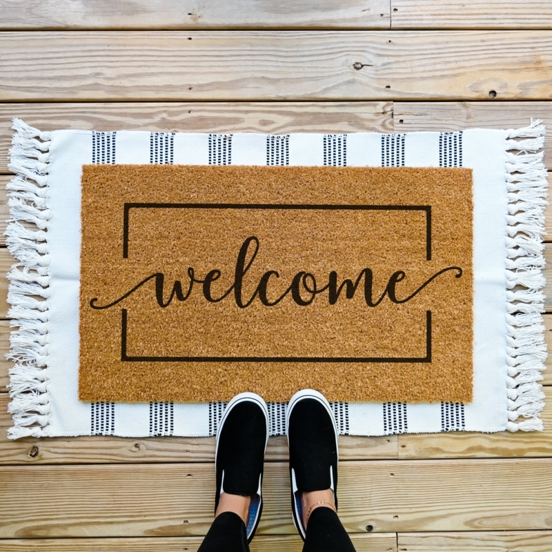 Doormat Layered Rug Styling Welcome Script Tasseled Fringe Farmhouse