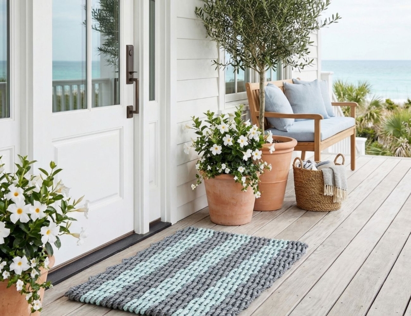 Doormat, Lobster Rope, Hand Woven, Gray and Mint Green, Coastal Porch