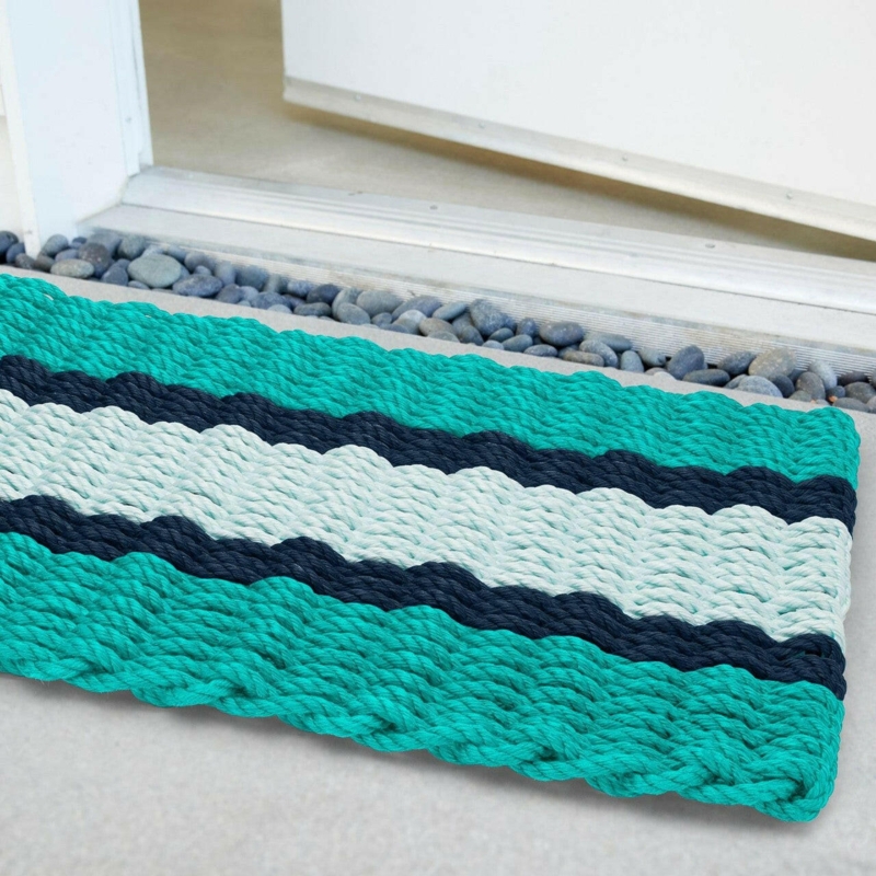 Doormat Lobster Rope Tri Color Stripe Chunky Weave Coastal Style