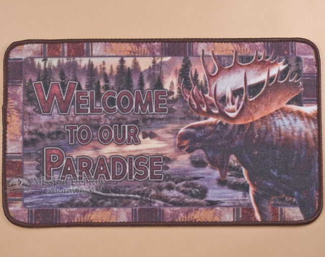 Doormat Moose Graphic Scenic Landscape "Welcome to Our Paradise" Text