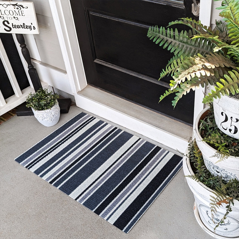 Doormat, Multi Width Stripes Cool Toned, Low Profile Entryway Mat