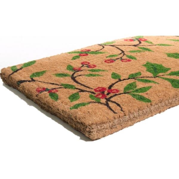 Doormat Natural Coir Holiday Mat, Thick Construction, Holly Berry Design