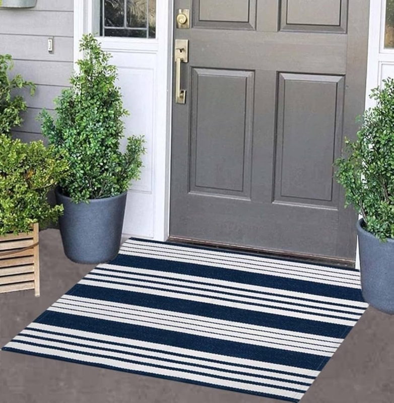 Doormat, Navy And White Stripes Hand Woven, Coastal Front Porch Rug Styling
