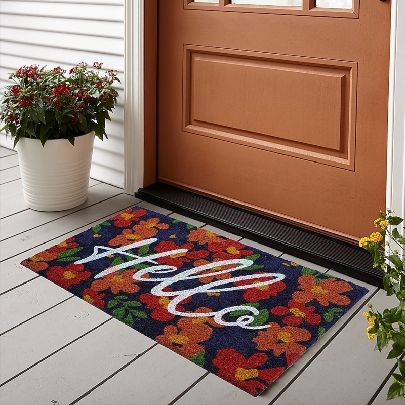 Doormat, Navy Base Cursive Hello Script, Multi Color Floral Porch Decor