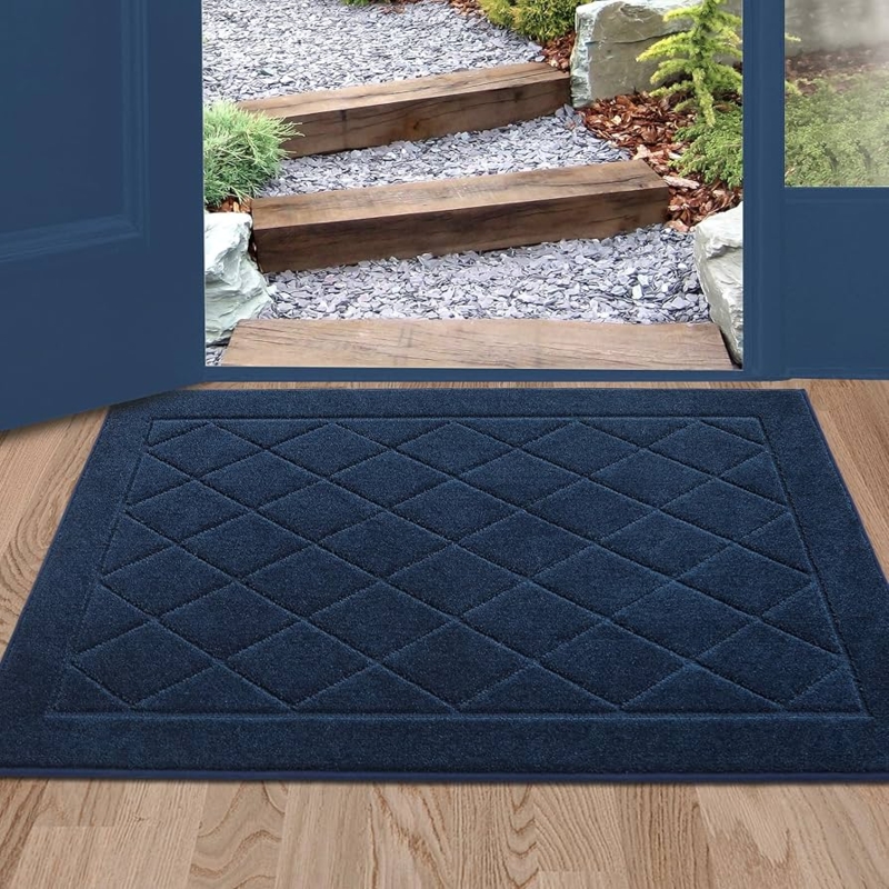 Doormat, Navy Blue Diamond Lattice Pattern, Low Profile, Entryway Rug.