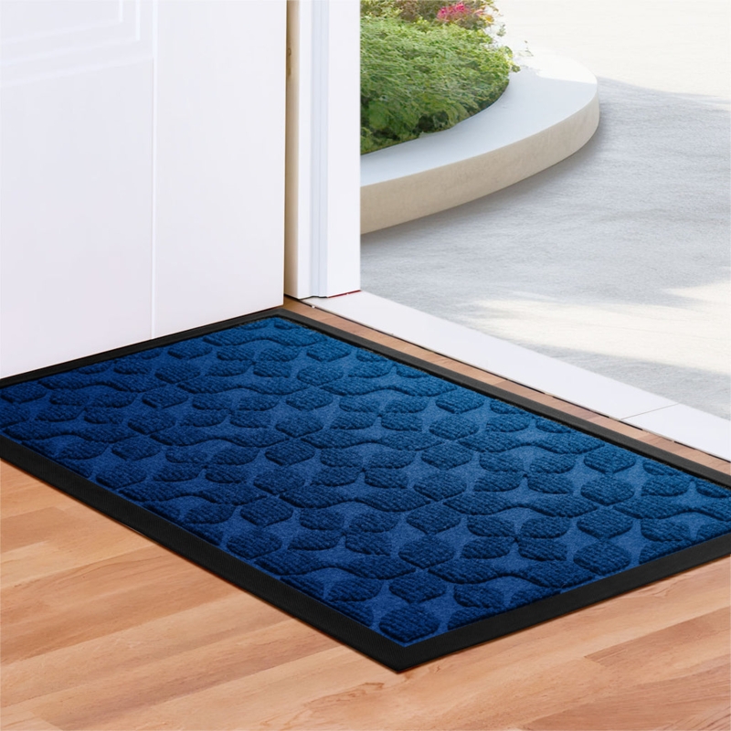 Doormat, Navy Blue Geometric Floral Pattern, Raised Texture Entryway