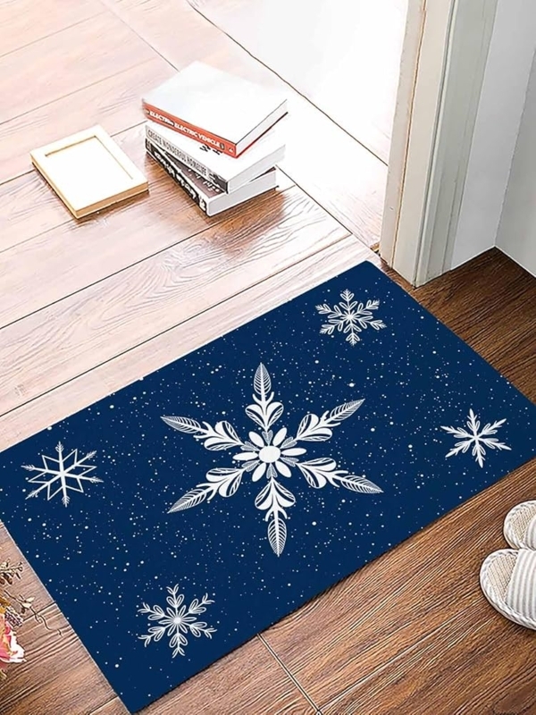 Doormat Navy Blue Snowflake Graphic Speckled Low Profile