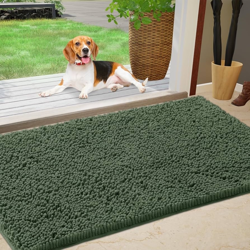Doormat Olive Green Plush Chenille Shag Pile Absorbent