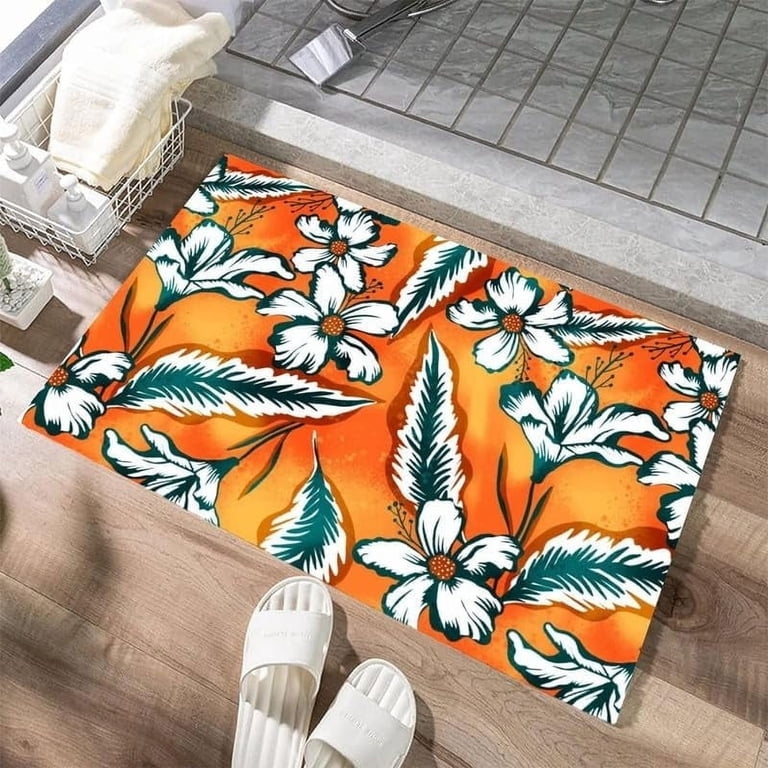Doormat Orange Hibiscus Print Gradient Background Tropical Floral Mat