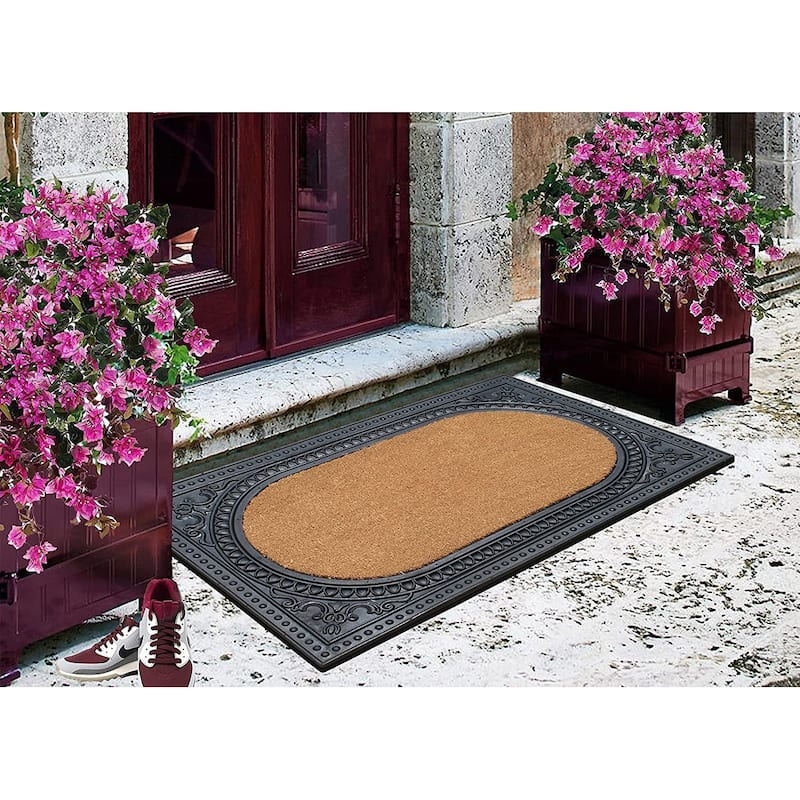 Doormat Oval Coir Inlay Ornate Rubber Border Traditional