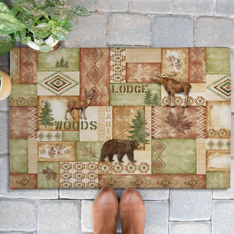 Doormat Patchwork Wildlife Print Rustic Typography Rust Earthy Palette