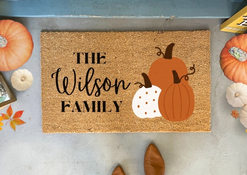 Doormat, Personalized Family Name, Pumpkin Illustration, Coir Texture