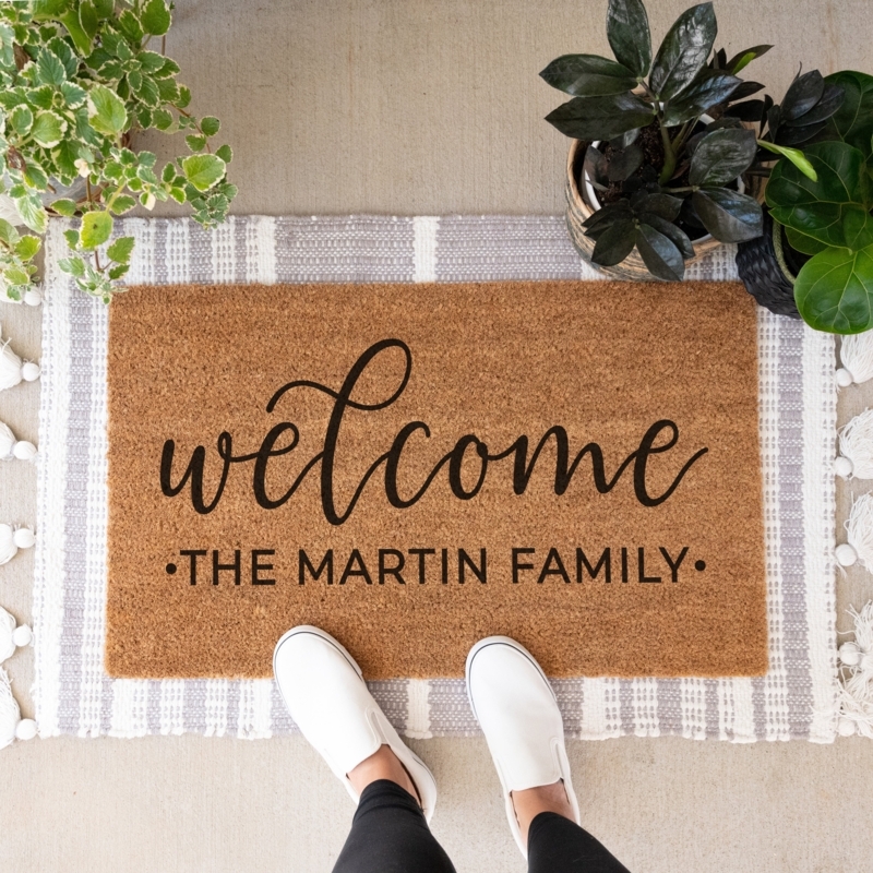 Doormat Personalized Text Layered with Pom Pom Fringe Rug Farmhouse