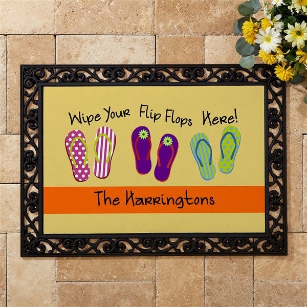 Doormat Personalized Text, Scrollwork Border, Flip Flop Graphics