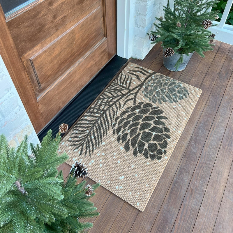 Doormat Pinecone Motif Woven Texture Rustic Snowy Pattern