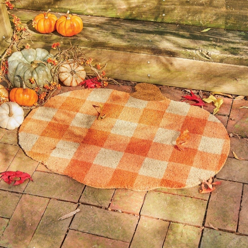 Doormat Pumpkin Shape Buffalo Check Pattern Orange Plaid Woven Texture