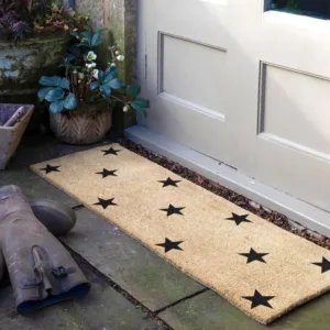 Doormat Runner Natural Coir Black Star Motif Modern Rustic Long