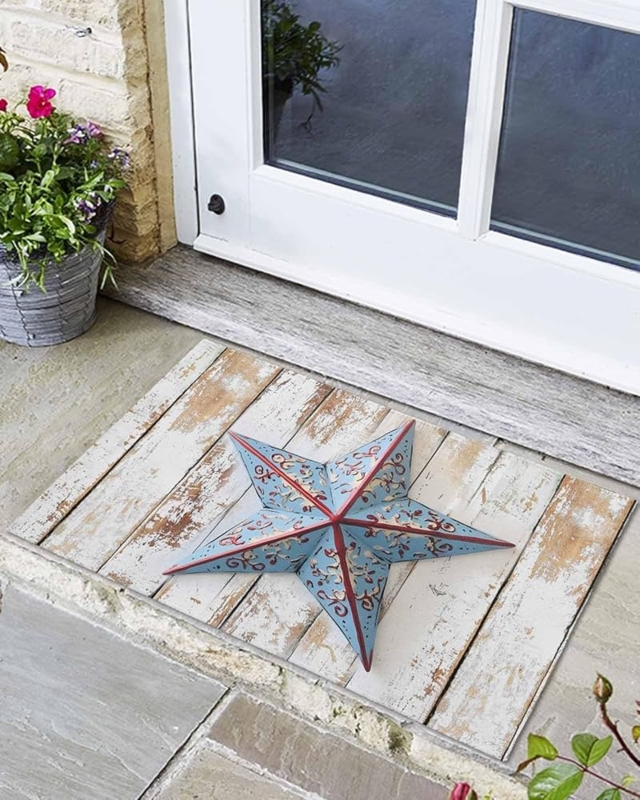 Doormat Rustic Farmhouse Distressed Wood Look Barn Star Blue Red