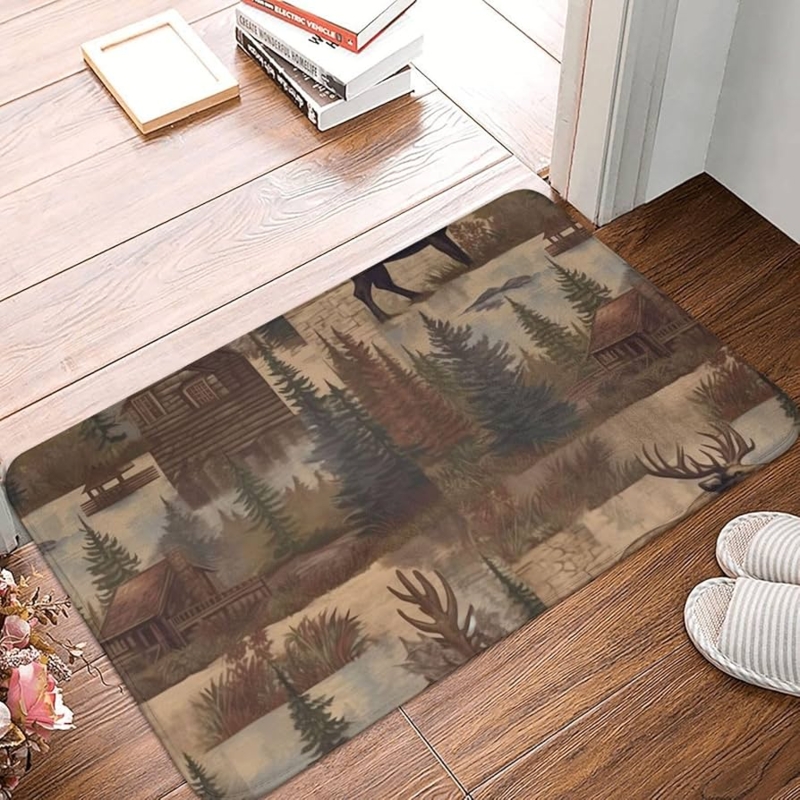 Doormat Rustic Lodge Moose and Cabin Print Low Profile Nature Scene