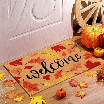 Doormat, Script "Welcome" Text, Fall Leaf Motif, Coir, Harvest Decor