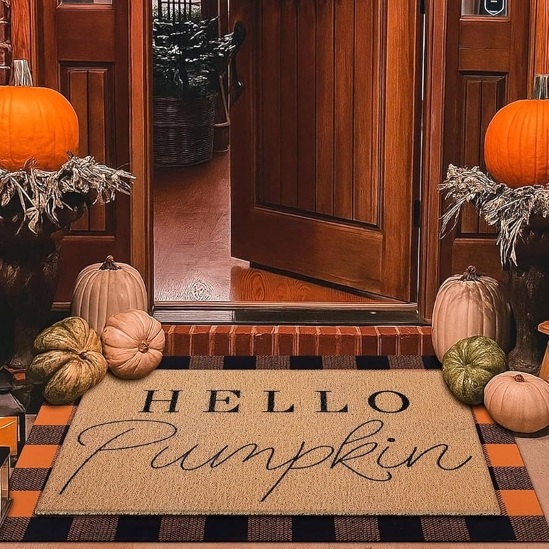 Doormat Set Hello Pumpkin Text Buffalo Plaid Base (51)