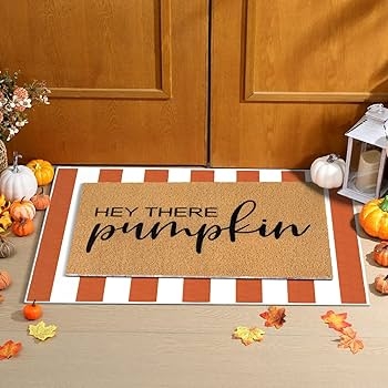 Doormat Set, Pumpkin Themed Text, Bold Orange Stripes, Layered Design
