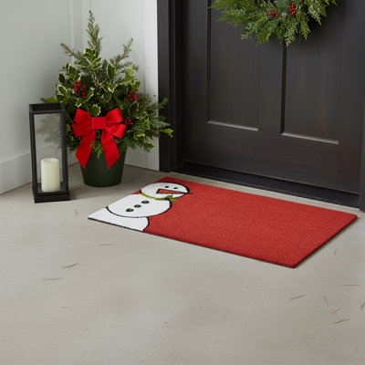 Doormat, Snowman Graphic, Bright Red, Coir Like, Whimsical Holiday Mat