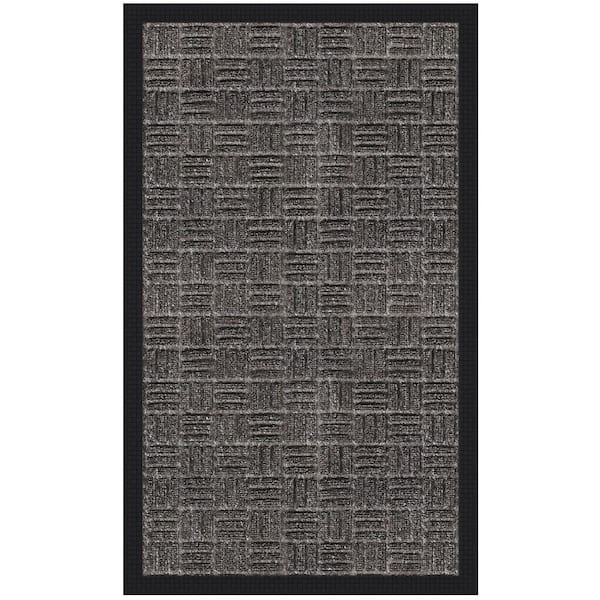 Doormat Solid Black Border Basketweave Pattern Charcoal Low Profile