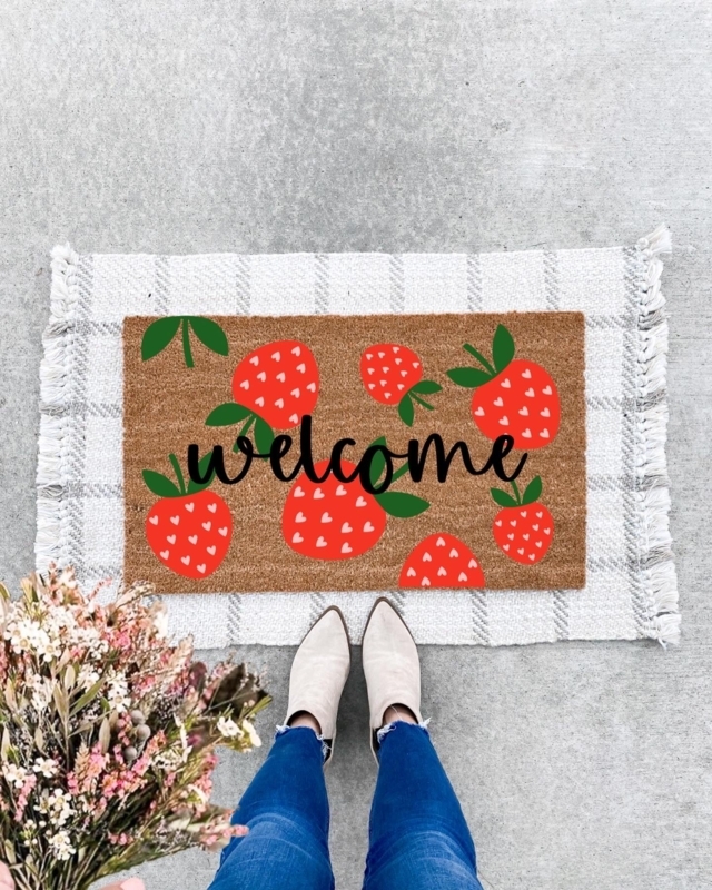 Doormat Strawberry Print with Script Welcome, Layered Rug Styling