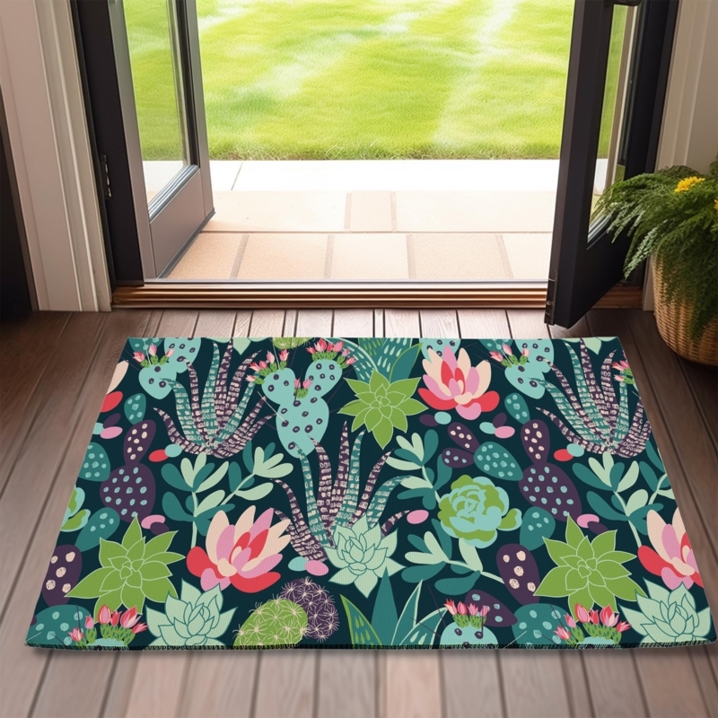 Doormat Succulent Pattern Teal Base Bohemian Desert Style Doormat