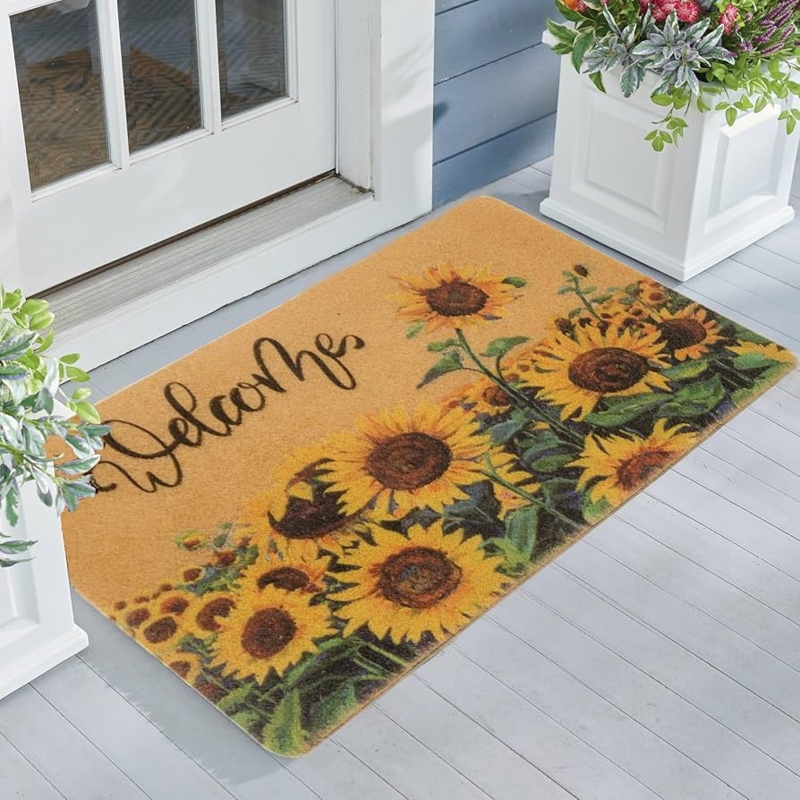 Doormat Sunflower Pattern Welcome Script Coir-Like (51)