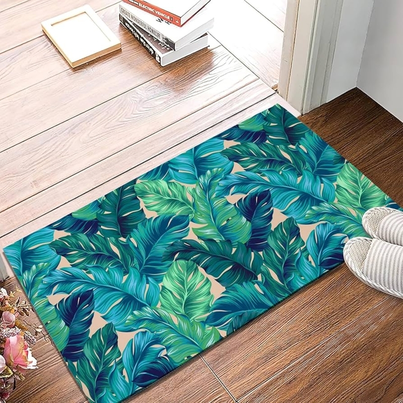 Doormat Teal Overlapping Leaf Design Lush Botanical Tropical Leaf Entryway Mat