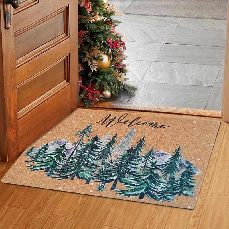 Doormat Teal Tree Illustrations Cursive Welcome Tan (52)