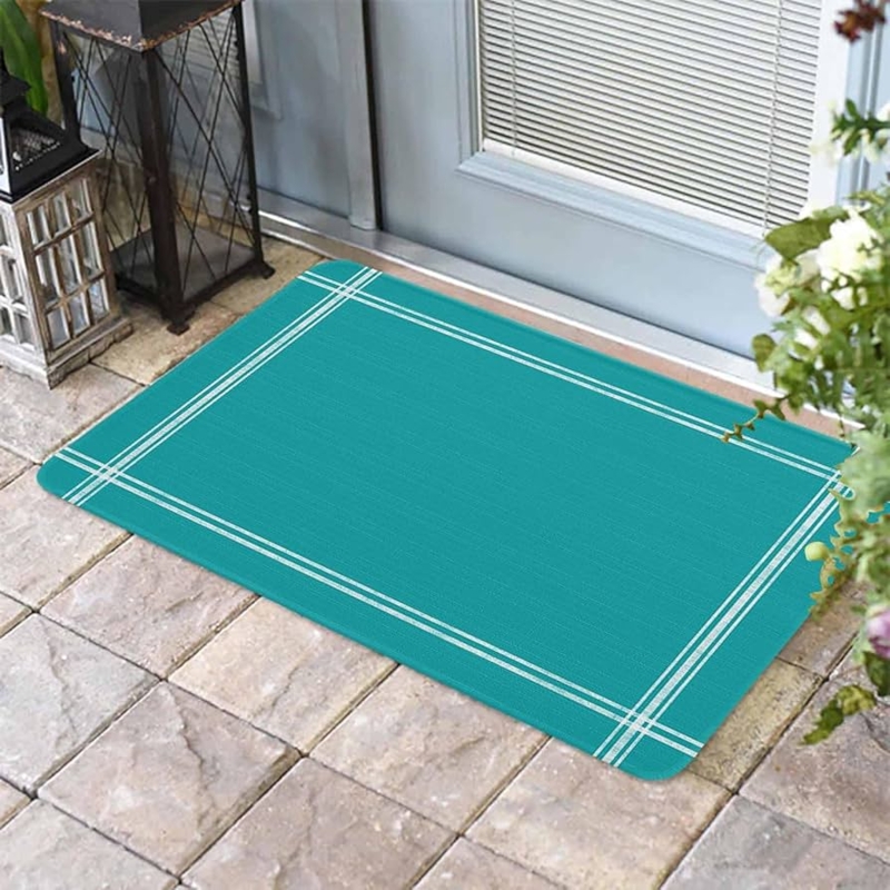 Doormat Teal White Striped Border Low Profile Coastal Porch Styling