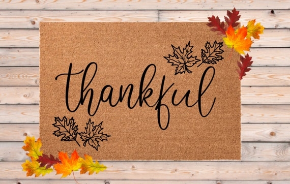 Doormat, "Thankful" Script, Leaf Illustrations, Natural Coir, Farmhouse