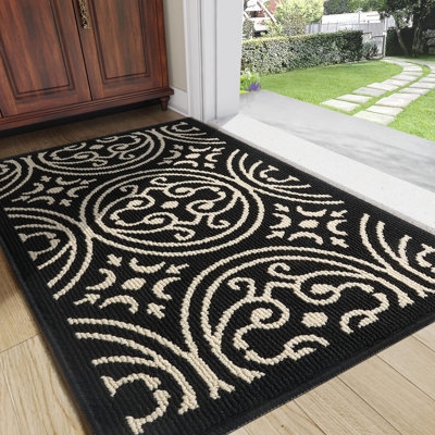 Doormat Thin Profile Bold Medallion Design Black Cream