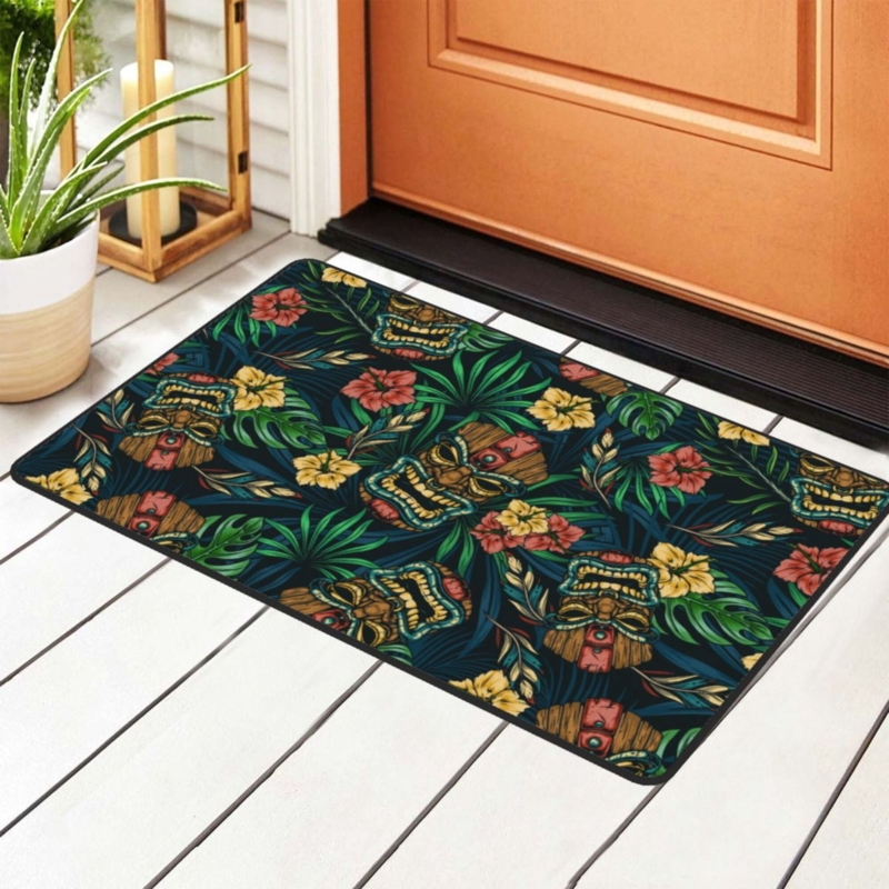 Doormat Tiki Mask Print Vibrant Tropical Tiki Mask Entryway Decor