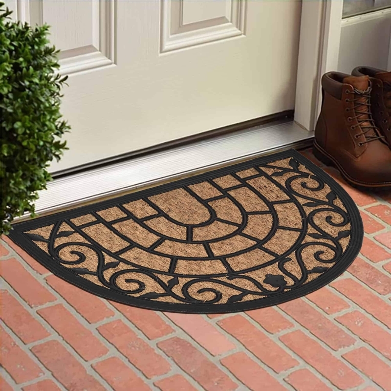 Doormat Traditional Scrollwork Coir Rubber Filigree Border Tan