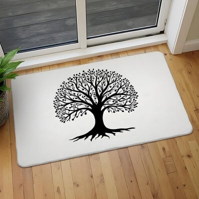 Doormat, Tree of Life Silhouette, Black Graphic, Low Profile, Nature