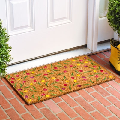 Doormat Tulip Print Natural Fiber Colorful Floral Spring Porch