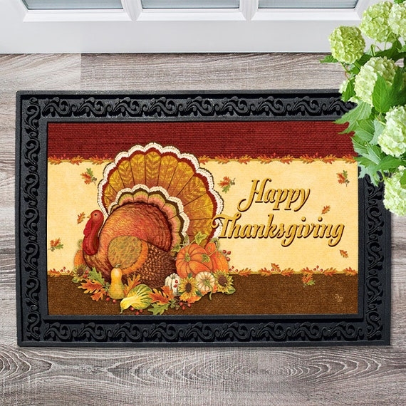 Doormat, Turkey Illustration, Scrolled Rubber Border, Traditional Style